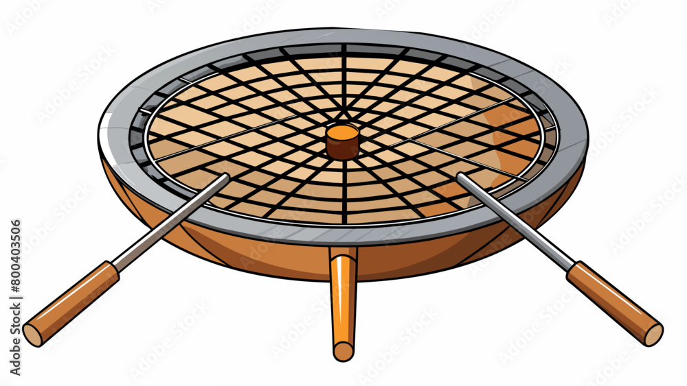 Poster a circular metal grate with adjustable prongs that can be p over a fireplace or bonfire for roasting