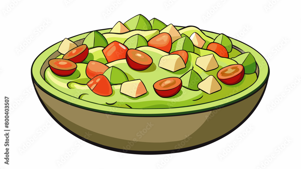 Aufkleber A chunky rustic spread consisting of diced avocados mixed with tomatoes jalape os and onion all tossed in a zesty dressing of lime juice and garlic.. Cartoon Vector.