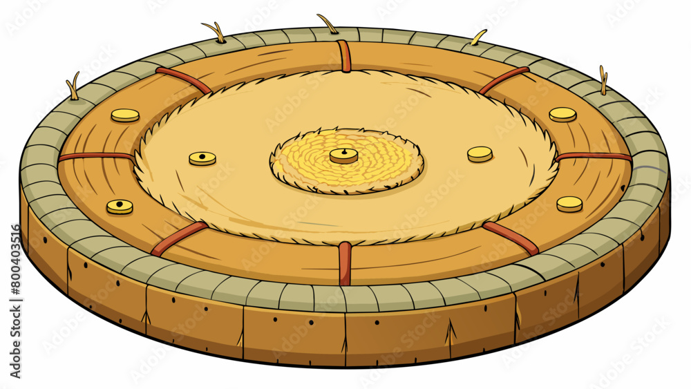 Poster a circular board made of sisal fibers with metal wires forming sections and numbers etched onto the 