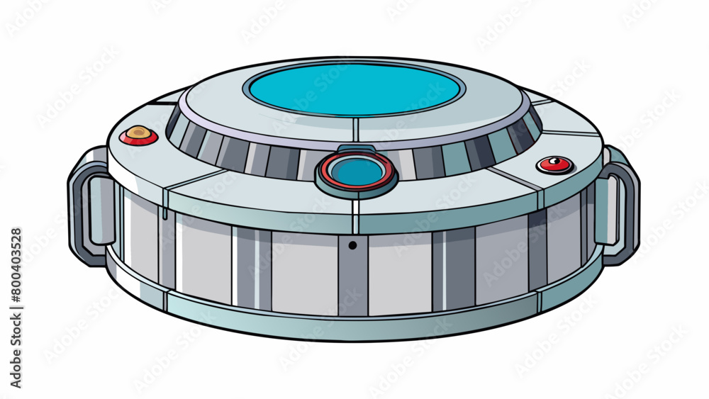 Poster A circular metallic device with a flat top and a thick sy base. The top has a small eyeshaped lens and the base has multiple palmshaped grooves for. Cartoon Vector.