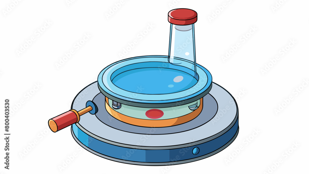 Poster A circular glass device with a small handle and a flat base used for heating and mixing small amounts of substances on a Bunsen burner.  on white. Cartoon Vector.