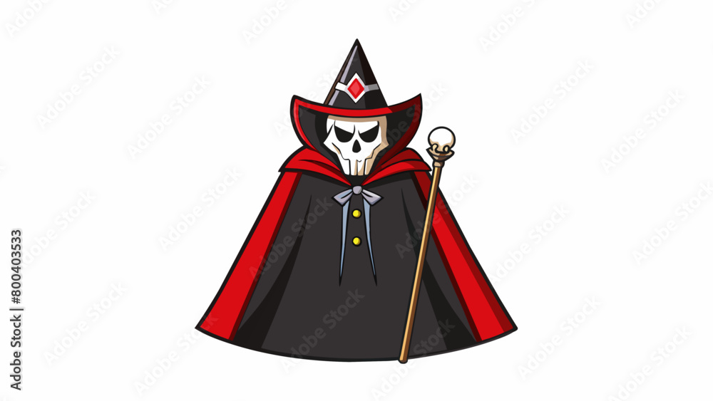 Poster A classic black cape with a crimson red lining paired with a pointy witch hat and a wand with a skullshaped handle. The costume has a dark and. Cartoon Vector.