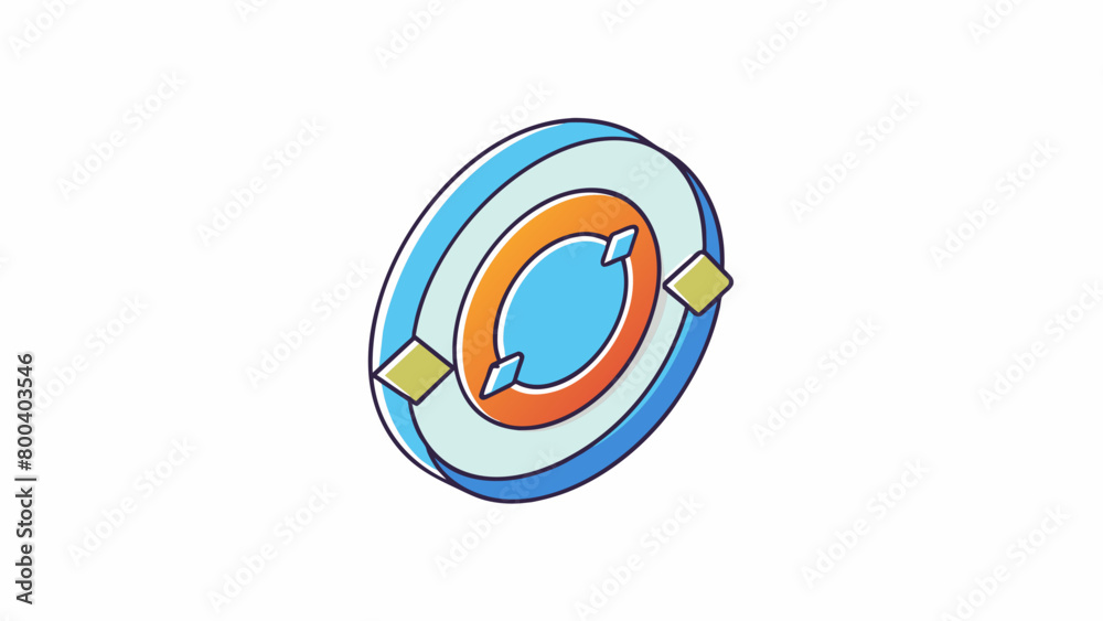 Poster A circular sticker that when p on a flat surface appears to float above it and changes color when viewed from different angles.  on white. Cartoon Vector.