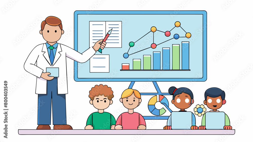 Poster A classroom setting with an animated geneticist using a variety of props to teach a group of students about the basic principles of heredity. The. Cartoon Vector.