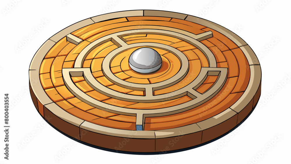 Poster a circular wooden board with a mazelike pattern etched onto its surface and a small metal ball insid