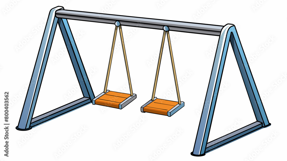 Poster A classic swing set with a sy metal frame and two large solid seats. The seats have a simple rectangular shape and are made of thick yet comfortable. Cartoon Vector.