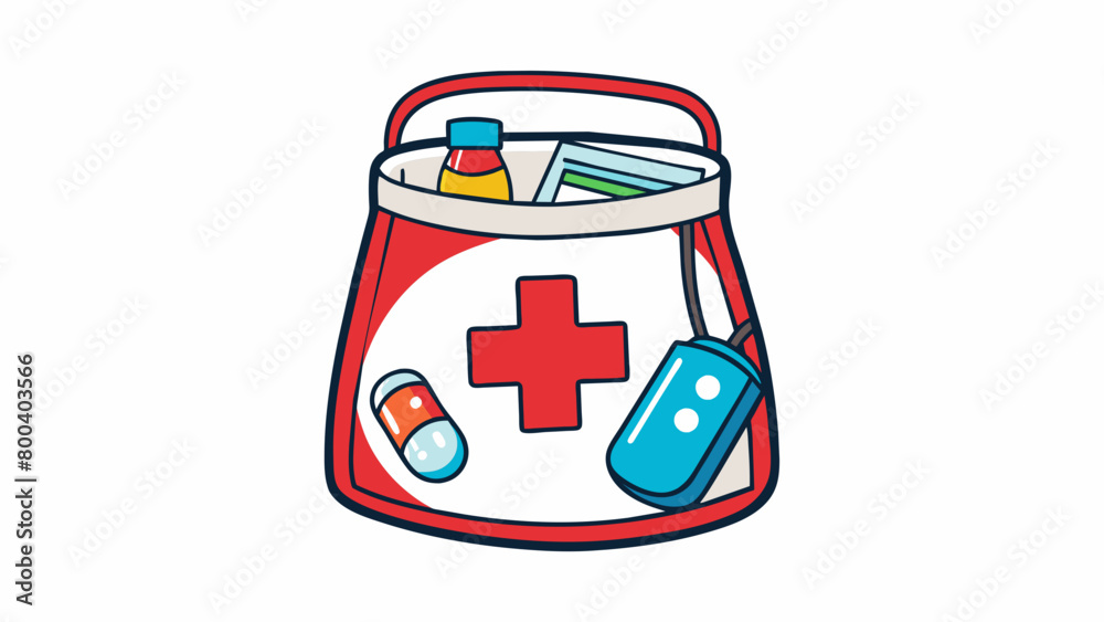 Poster a clear plastic pouch with a top handle featuring a large red cross symbol and filled with emergency
