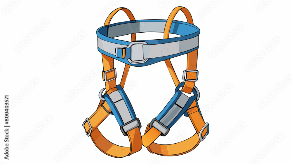 Aufkleber A climbing harness is a complex web of ss buckles and loops that wraps around a persons waist and legs. It is made of durable materials like nylon and. Cartoon Vector.