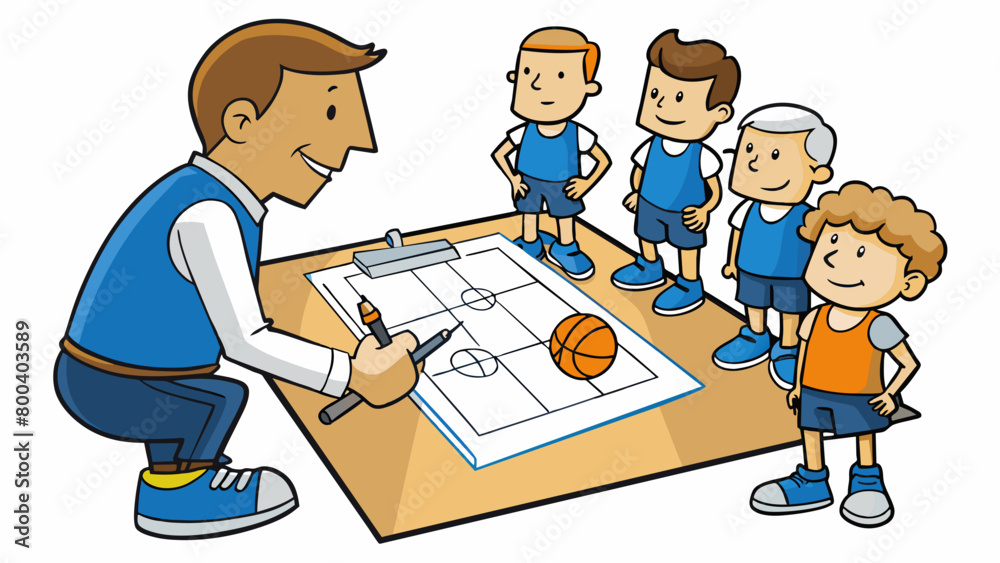 Poster a coach drawing out a play on a clipboard pointing to different areas of the court and giving instru
