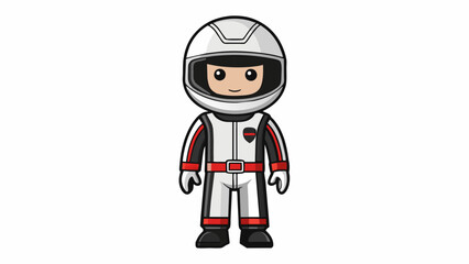 A classic white and black jumpsuit with a polished finish is worn by the toy race car driver. The suit has a traditional racing stripe design and a. Cartoon Vector.