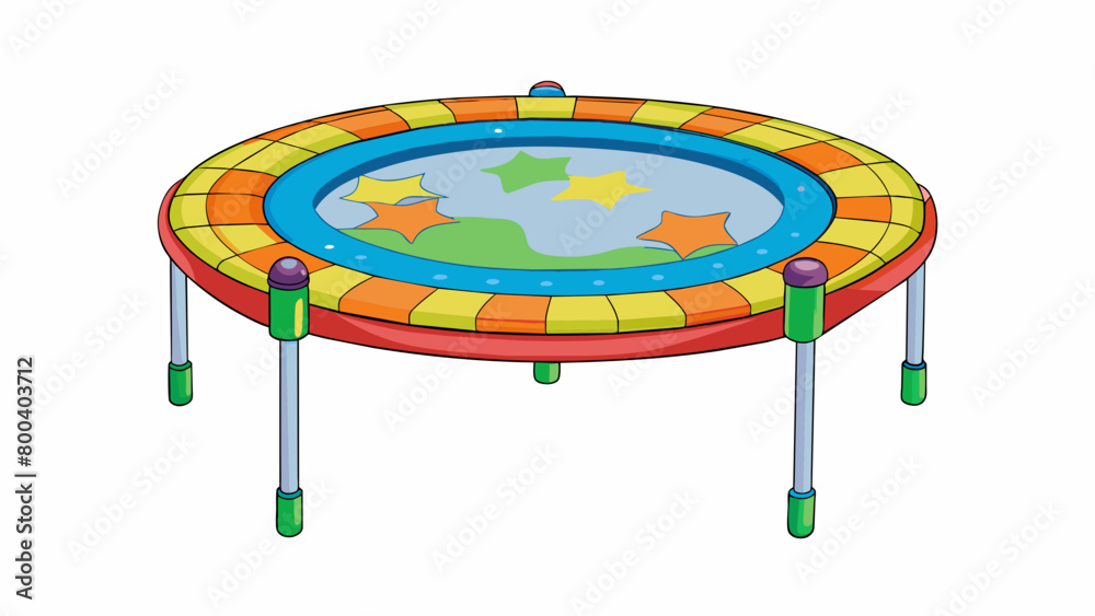 Poster A compact foldable trampoline with a handlebar attached perfect for indoor use during cold and rainy days. Its adorned with bright patterns and colors. Cartoon Vector.
