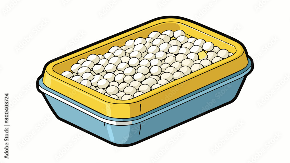 Poster a compact plastic container filled with small white pellets. the pellets have a grainy texture and a