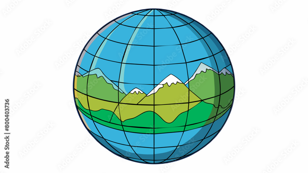 Poster A compact sphere with raised relief detailing showing the mountain ranges and valleys of Earth. The globe is divided into hemispheres with lines of. Cartoon Vector.