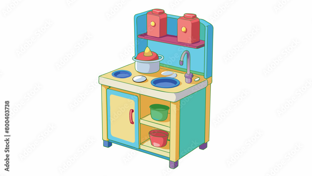 Poster A compact play kitchen set ideal for small spaces featuring a foldable design with a table for prepping and cooking a sink and shelves for storage.. Cartoon Vector.