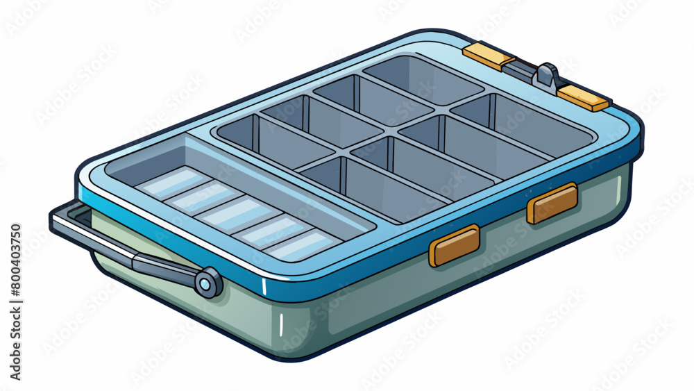 Poster A compact tackle box made of lightweight metal with a sleek design and smooth edges. The lid slides open to reveal multiple layers of removable trays. Cartoon Vector.