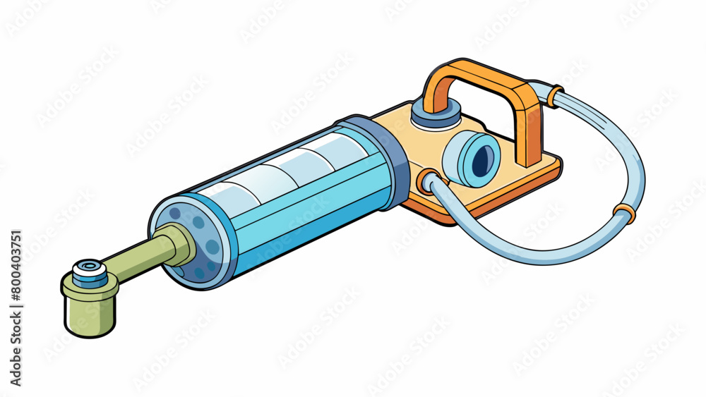 Poster a compact handheld device with a pump mechanism and a long tube attached. dirty water can be siphone