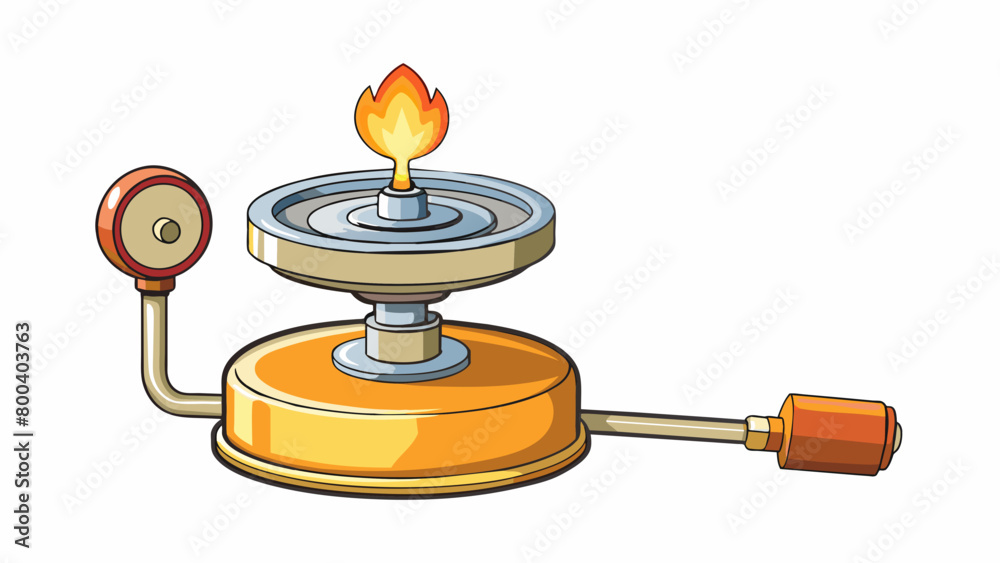 Aufkleber a compact metal device with a flat circular base and a tall thin body. the base contains a gas valve