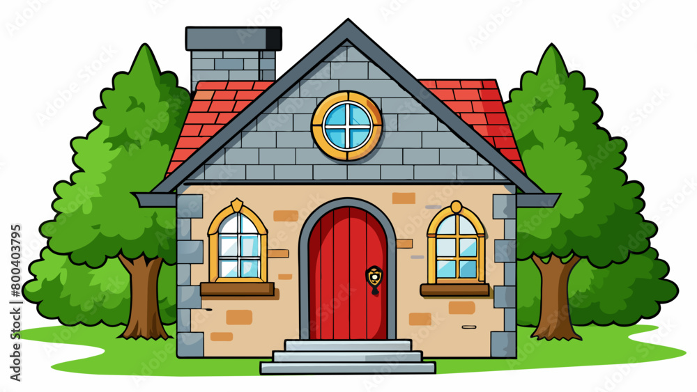 Poster a cozy house with a stone exterior surrounded by a neatly trimmed green lawn and tall trees. the fro