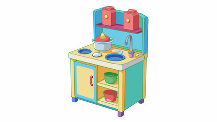 A compact play kitchen set ideal for small spaces featuring a foldable design with a table for prepping and cooking a sink and shelves for storage.. Cartoon Vector.