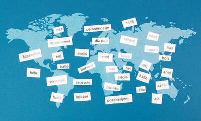 Languages and world map, word hello in different language spoken in Europe, concept of multilingual business and community, multilingualism in the EU © Berit Kessler