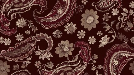 Deep maroon backdrop with intertwining paisley and floral designs.