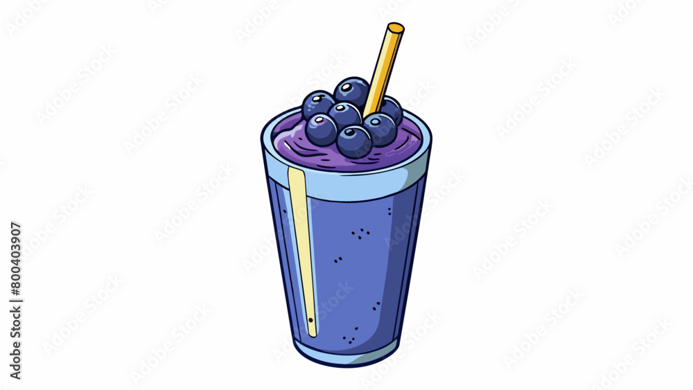 Wall mural A dark blue smoothie made with frozen blueberries milk and a hint of honey. It has a thick creamy texture and a rich deep purple color.  on white. Cartoon Vector.