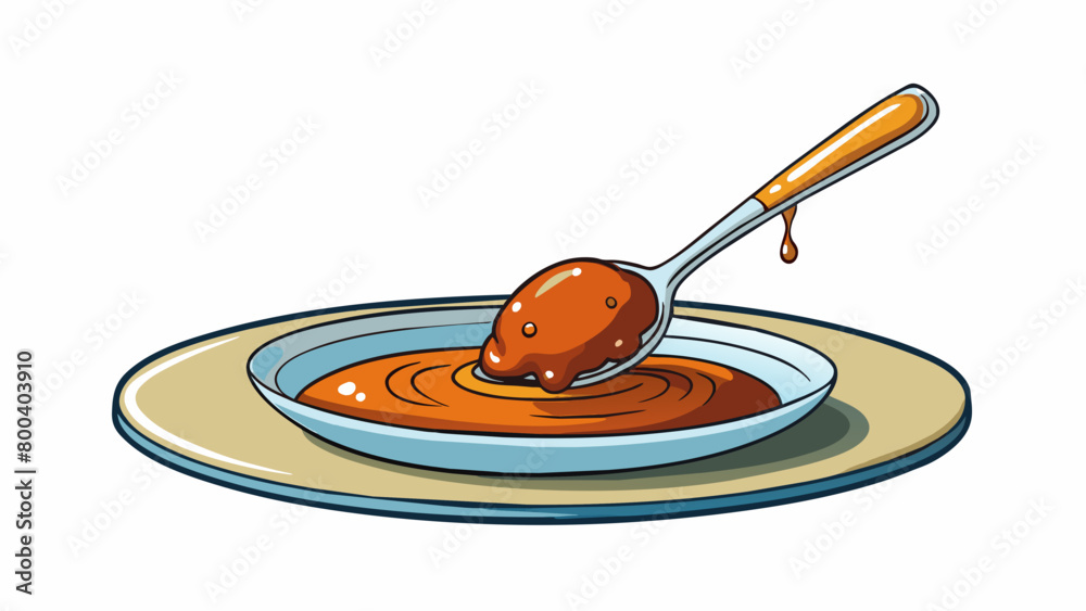 Poster A dark amber syrup that slowly drips from a s with a surprising lightness and airy quality as it settles into a small pool on the plate.  on white. Cartoon Vector.