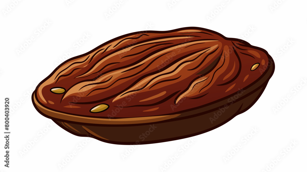 Poster A dense and thick paste with a dark brown color and a rich nutty aroma. It has a slightly grainy texture due to the ground almonds and a deep nutty. Cartoon Vector.