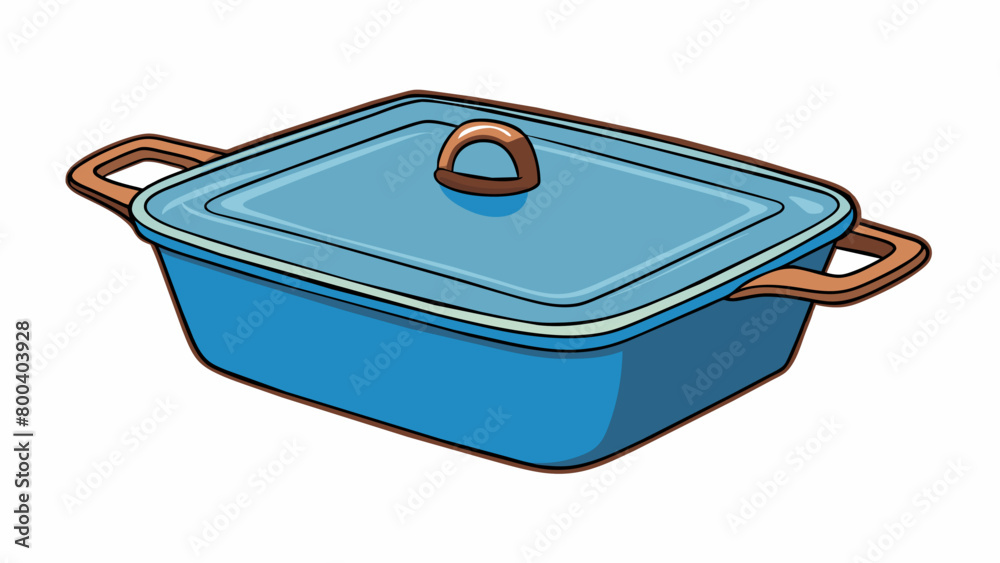 Poster A deep squareshaped pot made of seasoned cast iron with a smooth finish. It has a tightlyfitted lid with a wide slightly curved handle. The pot can be. Cartoon Vector.