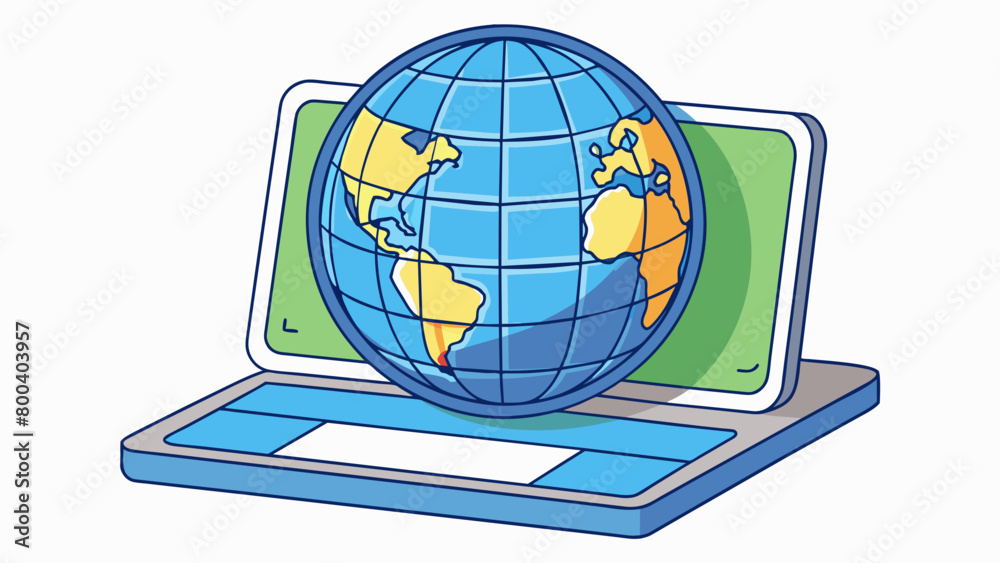 Poster A digital globe on a computer screen featuring a 3D model of the Earth that can be zoomed in and out of rotated and viewed from different angles. It. Cartoon Vector.