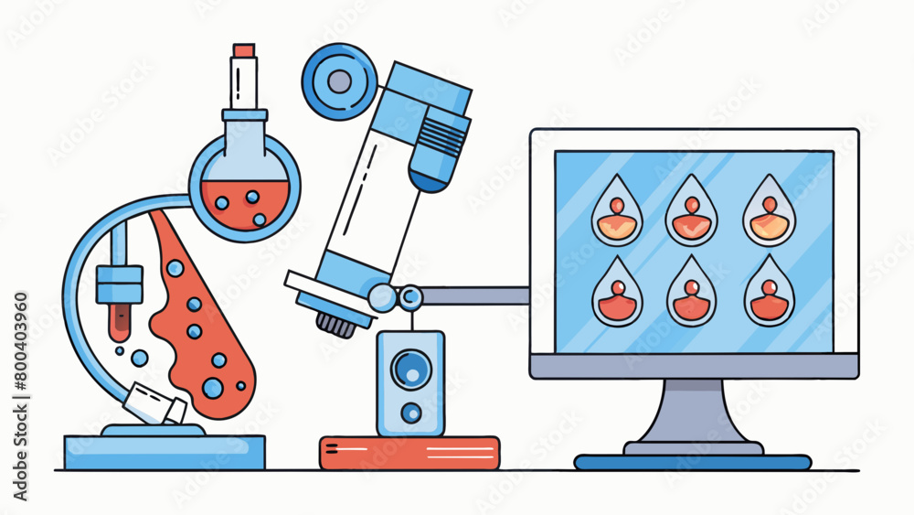 Poster A digital microscope connected to a computer screen. The object in view is a drop of with individual cells clearly visible and distinguishable due to. Cartoon Vector.