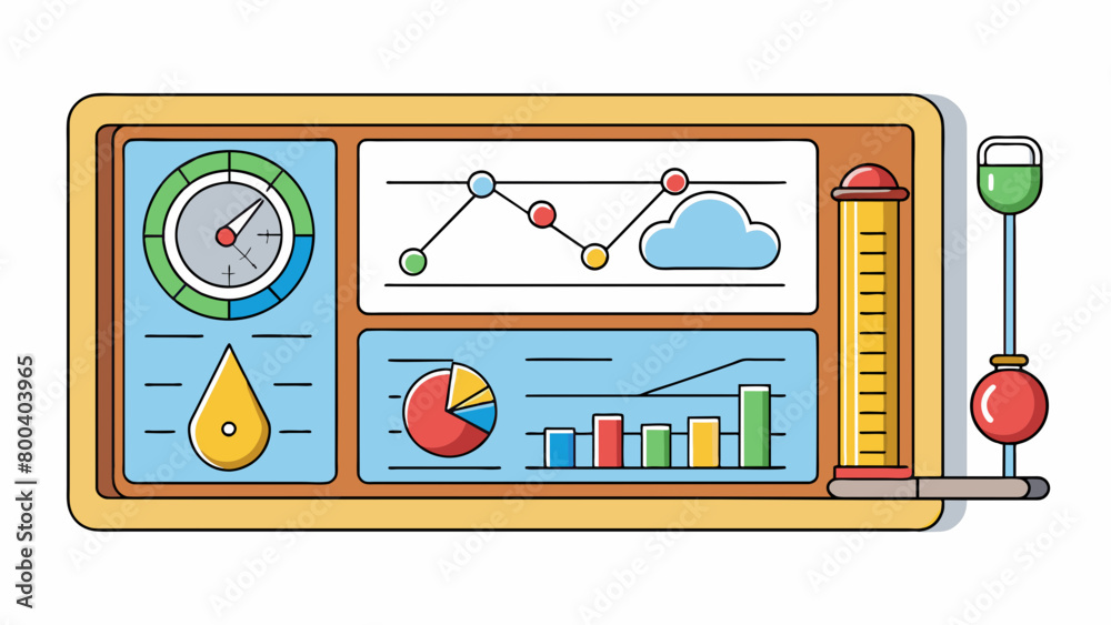 Fototapete A digital screen with colorful graphs and numbers that display realtime changes in atmospheric pressure. The device also has buttons to switch between. Cartoon Vector.