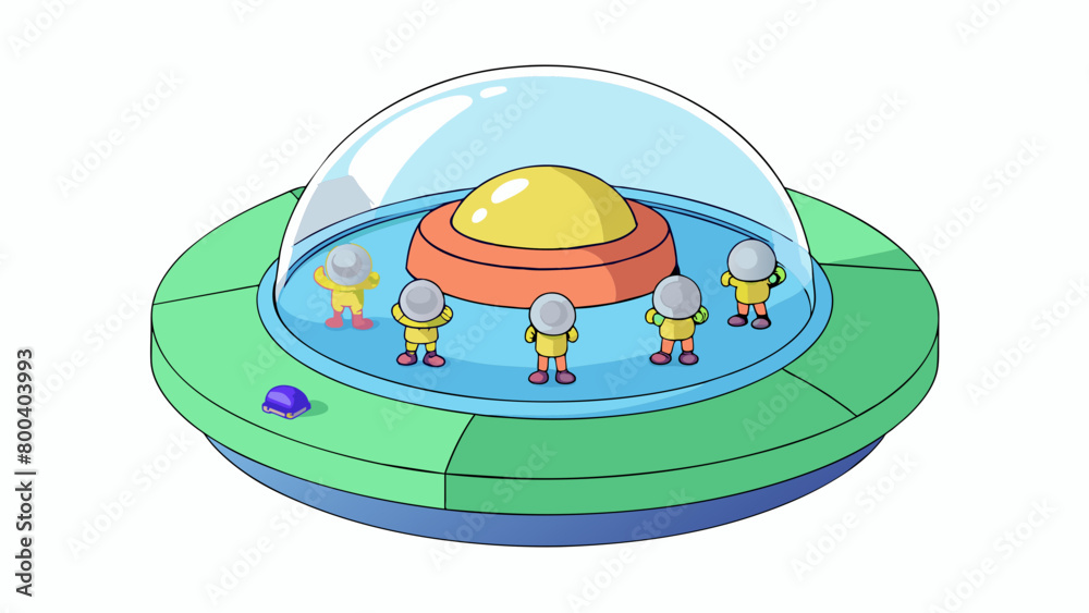 Aufkleber A discshaped object with a transparent dome on top showing small humanoid figures inside.  on white background . Cartoon Vector.