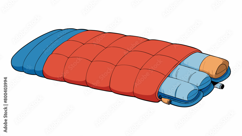 Poster A doublesized sleeping bag with a soft microfiber lining and a quilted cotton outer shell. It has zipper on both sides for easy access and can be. Cartoon Vector.