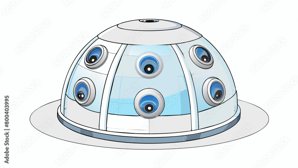 Poster A domeshaped camera with a thick clear casing installed in the corner of a room. It has multiple lenses and a swiveling base giving it a 360degree. Cartoon Vector.