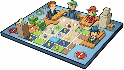 A detectivethemed board game where players must solve a murder mystery by collecting clues and interviewing suspects. The board is designed like a. Cartoon Vector.