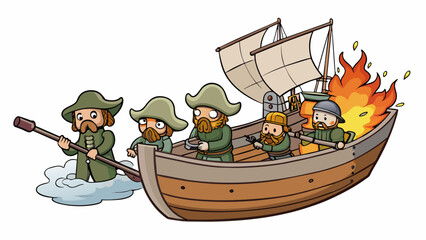 A dilapidated rowboat manned by a ragtag group of Pirates armed with flintlock pistols and cannons approaches a merchant vessel with sails ablaze. . Cartoon Vector.