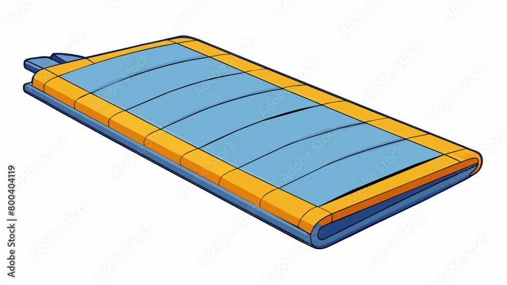 Aufkleber A foldable portable mat made of lightweight foam and covered in a durable nylon fabric great for taking on the go and using for stretching and warmup. Cartoon Vector.