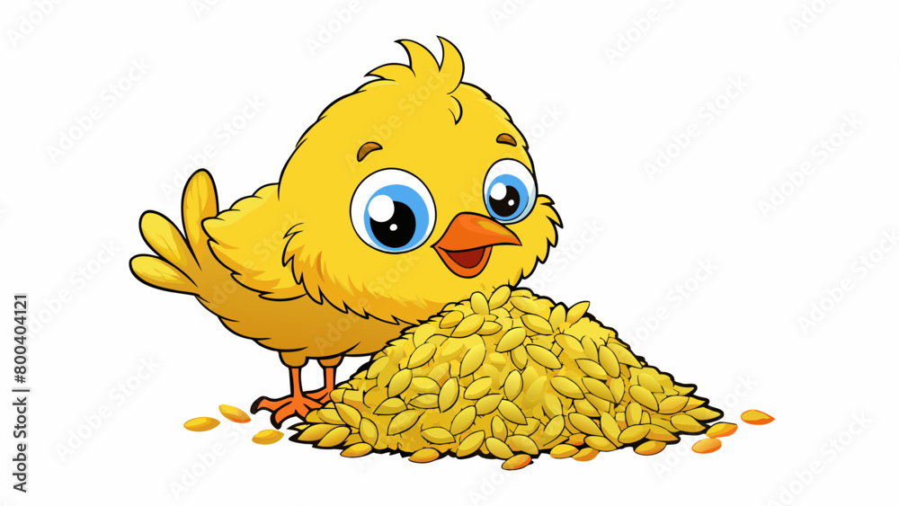 Poster a fluffy yellow chick pecking at a pile of grains with tiny soft feathers and bright curious eyes. o