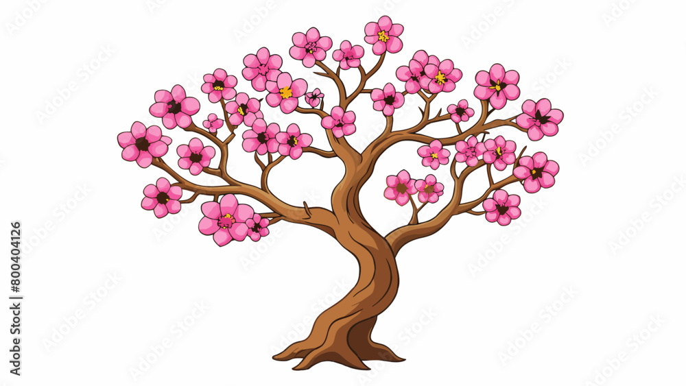 Poster a flowering tree with a sy gnarled trunk and delicate pink blossoms bursting from its branches. on w
