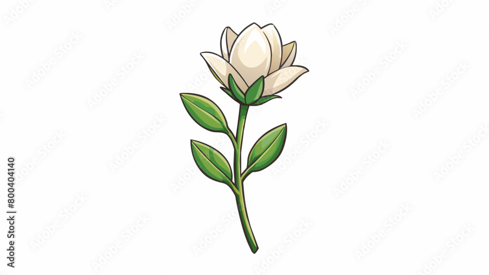 Poster A fragrant flower with delicate white petals that form a tight . Its stem is slender and graceful adorned with small ovalshaped leaves and a few tiny. Cartoon Vector.