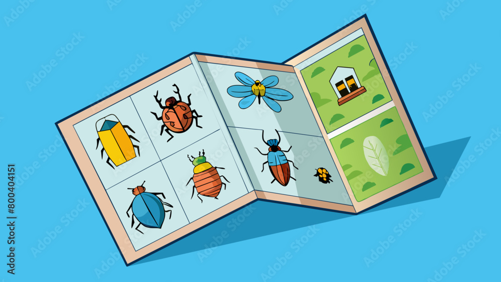 Poster A folded up map with colorful illustrations of various bugs adorns the cover of the fourth illustration. Inside the map there are labeled sections for. Cartoon Vector.
