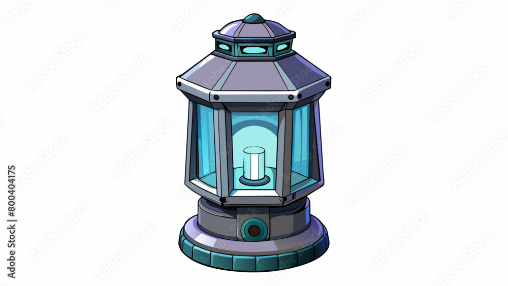 Poster A futuristic lantern stood tall on a desk with a sleek metallic design and a touch screen panel. It emitted a powerful LED light that could be. Cartoon Vector.