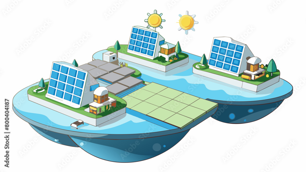 Poster A futuristic floating city made up of interconnected rafts each one equipped with solar panels and lush gardens. The rafts sway gently in sync with. Cartoon Vector.