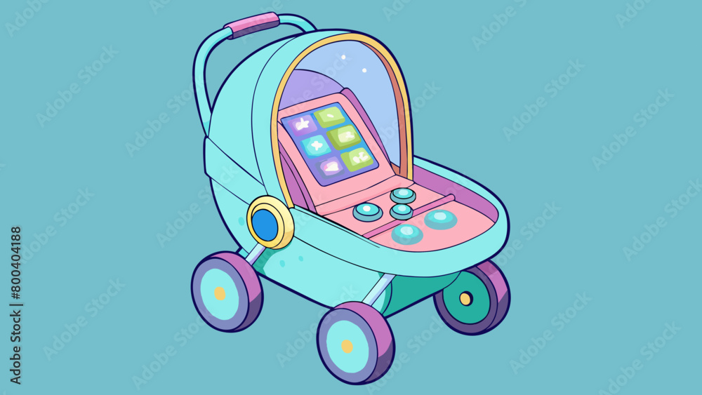 Poster a futuristiclooking doll stroller made of clear plastic and neon accents with an interactive control