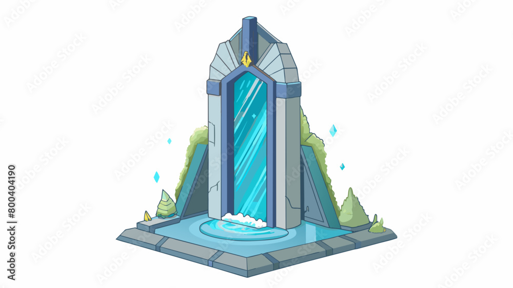 Aufkleber A futuristic portal tall and shimmering with a metallic frame. Stepping through it feels like walking through a waterfall as the air crackles with. Cartoon Vector.