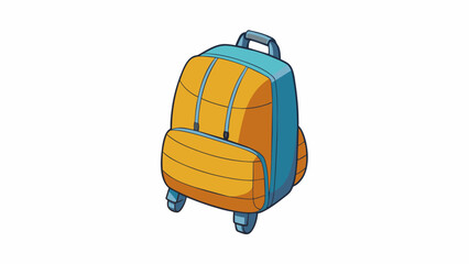 A foldable backpack made with lightweight nylon material. It can be easily rolled up and stored in a small pouch making it the ideal travel companion. Cartoon Vector.