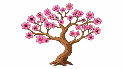 Obraz premium A flowering tree with a sy gnarled trunk and delicate pink blossoms bursting from its branches. on white background . Cartoon Vector.