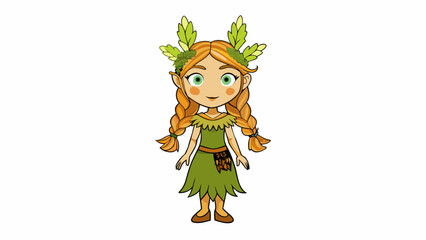 A forest fairy with long braided hair adorned with flowers and feathers. She wears a dress made from the bark of trees and her gentle voice can calm. Cartoon Vector.