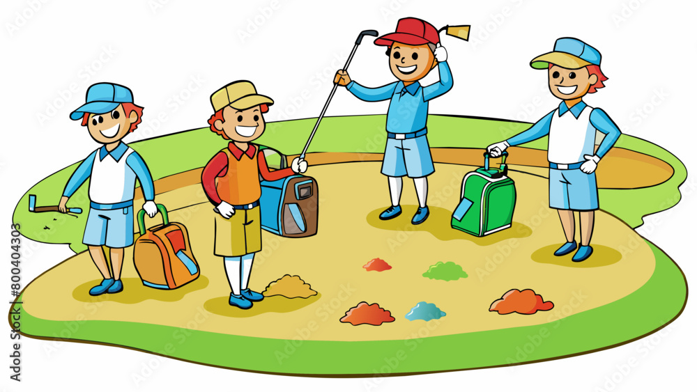 Poster a group of golfers make their way through a challenging course navigating their way around sand s an
